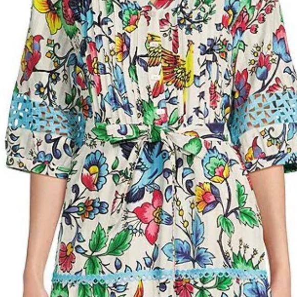 Floral Print Split Neck Short Sleeve Lace Trim Button Front Midi Dress size L - Picture 6 of 8